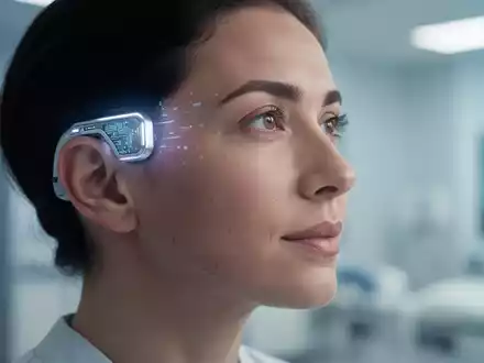 Nahaufnahme des Kopfes einer Person mit einem subtil sichtbaren, futuristischen Gehirn-Computer-Interface-Implantat, das Hoffnung und Kommunikation symbolisiert. - Foto: über boerse-global.de
