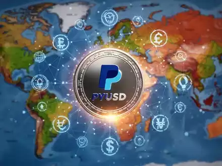 A glowing digital PayPal PYUSD coin surrounded by interconnected currency symbols and a blurred world map, highlighting global expansion. - Foto: über boerse-global.de