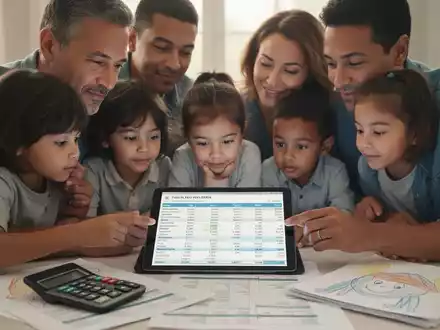 Eine Familie mit Eltern und kleinen Kindern, die einen Finanzplan auf einem Tablet betrachten, mit einem Taschenrechner und einer Kinderzeichnung daneben. - Foto: über boerse-global.de