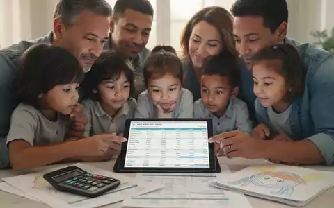 Eine Familie mit Eltern und kleinen Kindern, die einen Finanzplan auf einem Tablet betrachten, mit einem Taschenrechner und einer Kinderzeichnung daneben. - Foto: über boerse-global.de