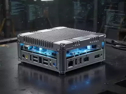 A sleek, metallic fanless mini-PC with visible heat sinks and glowing blue internal components, on a dark, reflective surface. - Foto: über boerse-global.de