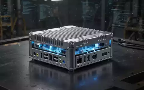 A sleek, metallic fanless mini-PC with visible heat sinks and glowing blue internal components, on a dark, reflective surface. - Foto: über boerse-global.de