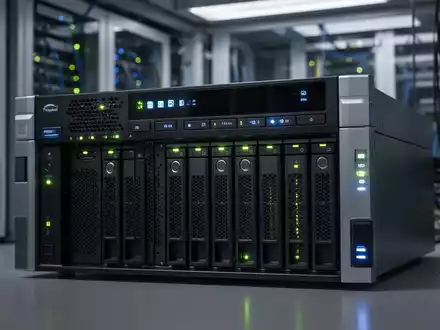 Close-up of a rack-mounted enterprise NAS server with glowing status lights in a data center. - Foto: über boerse-global.de