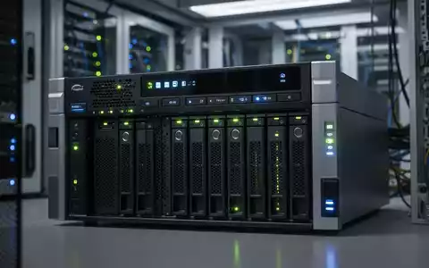 Close-up of a rack-mounted enterprise NAS server with glowing status lights in a data center. - Foto: über boerse-global.de