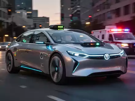 A futuristic robotaxi drives on a city street at dusk, with the blurred lights of an emergency vehicle in the background. - Foto: über boerse-global.de