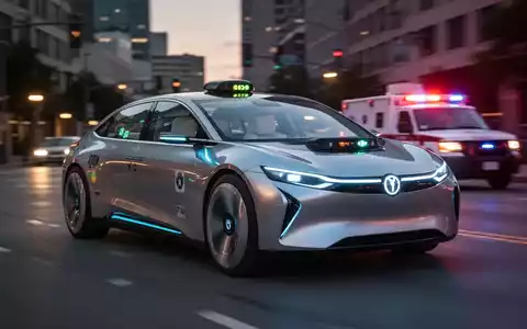 A futuristic robotaxi drives on a city street at dusk, with the blurred lights of an emergency vehicle in the background. - Foto: über boerse-global.de