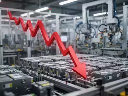 Ein stilisierter roter Pfeil zeigt scharf nach unten über einer unscharfen Aufnahme einer hochmodernen Batteriefabrik. - Foto: über boerse-global.de