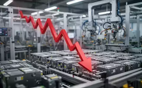 Ein stilisierter roter Pfeil zeigt scharf nach unten über einer unscharfen Aufnahme einer hochmodernen Batteriefabrik. - Foto: über boerse-global.de