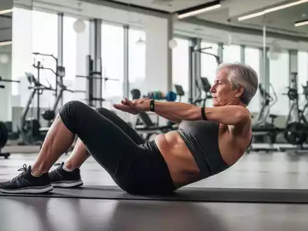 Eine Person über 50 führt in einem hellen Fitnessstudio eine kontrollierte Rumpfübung aus, die Bauch und Rücken stärkt. - Foto: über boerse-global.de