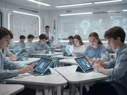 Ein futuristisches Klassenzimmer mit Schülern, die an Tablets und holografischen Schnittstellen lernen, umgeben von subtilen KI-Elementen. - Foto: über boerse-global.de