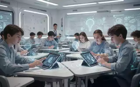 Ein futuristisches Klassenzimmer mit Schülern, die an Tablets und holografischen Schnittstellen lernen, umgeben von subtilen KI-Elementen. - Foto: über boerse-global.de