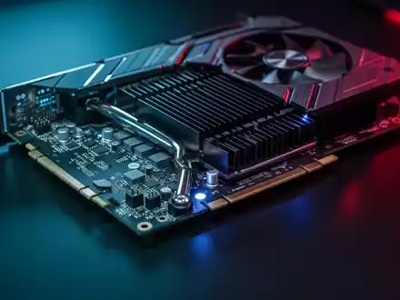 A close-up of a high-performance graphics card (GPU) with intricate circuitry and cooling fins on a dark, reflective surface. - Foto: über boerse-global.de