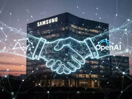 A glowing neural network over Samsung's headquarters, with a digital handshake icon integrating the OpenAI logo, symbolizing their partnership. - Foto: über boerse-global.de