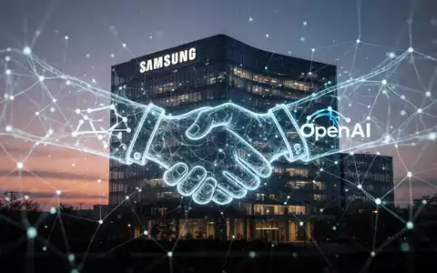 A glowing neural network over Samsung's headquarters, with a digital handshake icon integrating the OpenAI logo, symbolizing their partnership. - Foto: über boerse-global.de