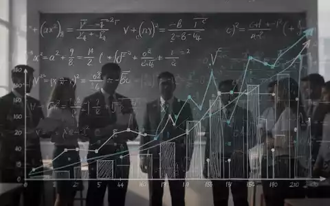 Eine Tafel mit mathematischen Gleichungen und Finanzdiagrammen, überlagert von schemenhaften Silhouetten von Lehrern und Schülern. - Foto: über boerse-global.de