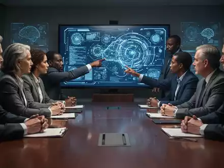 Eine Gruppe von Arbeitnehmer- und Arbeitgebervertretern verhandelt an einem Konferenztisch über die Auswirkungen von KI und Digitalisierung. - Foto: über boerse-global.de