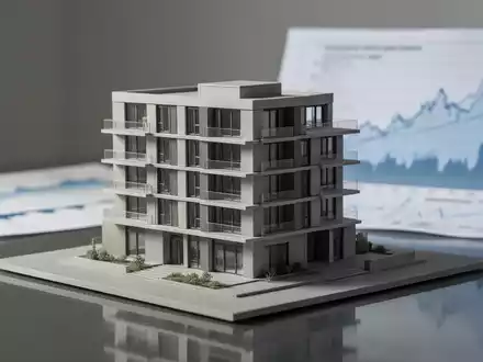 Ein detailliertes Architekturmodell eines modernen Wohngebäudes auf einer reflektierenden Oberfläche, mit verschwommenen Diagrammen im Hintergrund. - Foto: über boerse-global.de