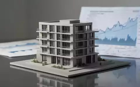 Ein detailliertes Architekturmodell eines modernen Wohngebäudes auf einer reflektierenden Oberfläche, mit verschwommenen Diagrammen im Hintergrund. - Foto: über boerse-global.de