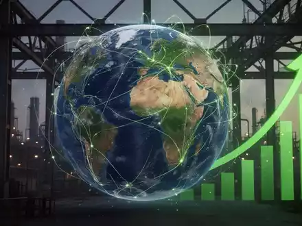 Eine Weltkugel mit leuchtenden Handelsrouten und Industriesilhouetten im Hintergrund, die globale Klimapolitik und Emissionen symbolisiert. - Foto: über boerse-global.de