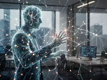 Eine stilisierte menschliche Silhouette interagiert mit leuchtenden Datenpunkten und neuronalen Netzwerklinien, die KI und rechtliche Compliance darstellen. - Foto: über boerse-global.de