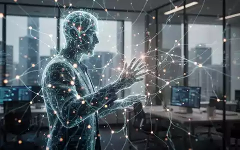 Eine stilisierte menschliche Silhouette interagiert mit leuchtenden Datenpunkten und neuronalen Netzwerklinien, die KI und rechtliche Compliance darstellen. - Foto: über boerse-global.de