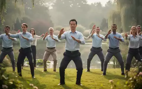 Eine Gruppe von Menschen praktiziert Tai Chi oder Qi Gong im Freien, symbolisiert Stressprävention und Bildungsurlaub. - Foto: über boerse-global.de