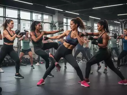 Eine Gruppe von Frauen unterschiedlichen Alters und Ethnien trainiert in einem hellen Fitnessstudio Selbstverteidigung und Fitness. - Foto: ĂŒber boerse-global.de