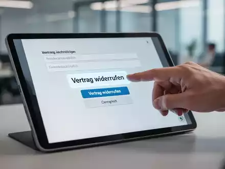 Eine Hand klickt auf einem Tablet einen digitalen Button mit der Aufschrift „Vertrag widerrufen“, um den E-Rechnungsprozess zu veranschaulichen. - Foto: über boerse-global.de