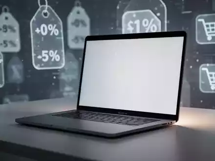 An open MacBook laptop on a desk, with abstract, blurred shopping icons in the background, symbolizing online deals. - Foto: über boerse-global.de