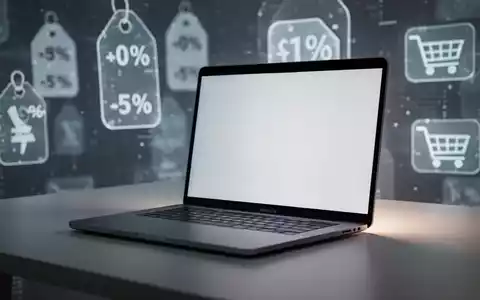 An open MacBook laptop on a desk, with abstract, blurred shopping icons in the background, symbolizing online deals. - Foto: über boerse-global.de