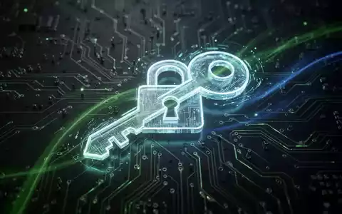 Ein stilisierter, leuchtender digitaler Schlüssel, der mit einem Vorhängeschloss-Symbol auf einer futuristischen Leiterplatte verschlungen ist. - Foto: über boerse-global.de