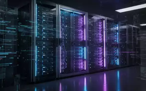 Futuristischer Server-Rack mit blauen und violetten Lichtern, der KI-Infrastruktur darstellt, umgeben von digitalen Datenströmen. - Foto: über boerse-global.de