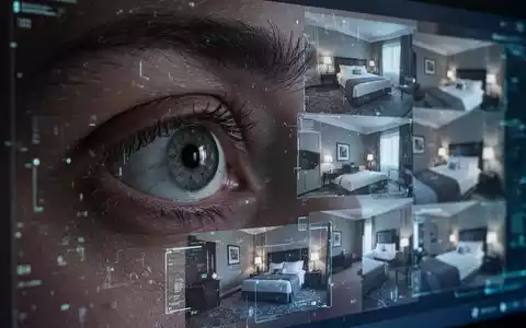 Ein menschliches Auge, das auf einen Bildschirm blickt, der verzerrte, KI-generierte Bilder von Hotelzimmern widerspiegelt. - Foto: über boerse-global.de