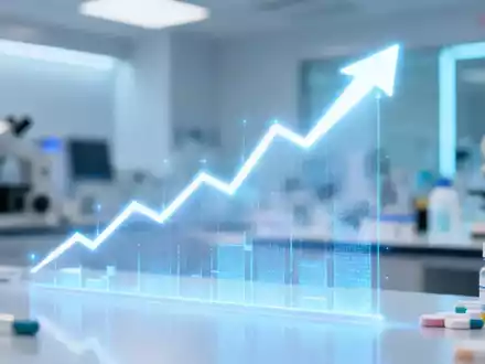 Ein stilisierter, leuchtender Aufwärtstrend-Börsenchart vor einem verschwommenen Hintergrund eines modernen Pharmalabors, der Wachstum symbolisiert. - Foto: über boerse-global.de