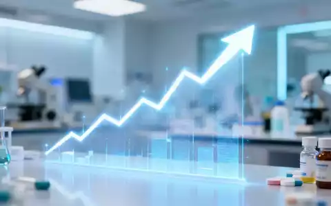 Ein stilisierter, leuchtender Aufwärtstrend-Börsenchart vor einem verschwommenen Hintergrund eines modernen Pharmalabors, der Wachstum symbolisiert. - Foto: über boerse-global.de