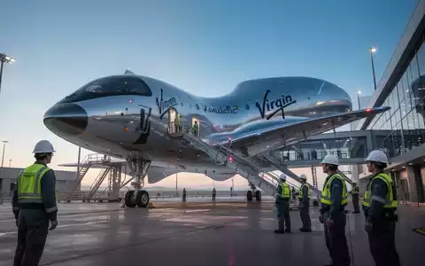 Ein futuristisches Virgin Galactic Raumschiff angedockt an einem modernen Weltraumbahnhof, mit Ingenieuren im Vordergrund. - Foto: über boerse-global.de