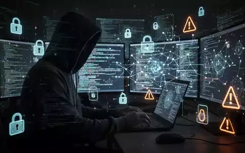 A shadowy figure in a hoodie typing on multiple computer screens, surrounded by glowing lines of code and digital security symbols. - Foto: über boerse-global.de