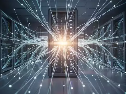 Nahaufnahme eines futuristischen Glasfasernetzwerks, das zu einem leuchtenden Datenserver-Rack führt. - Foto: über boerse-global.de