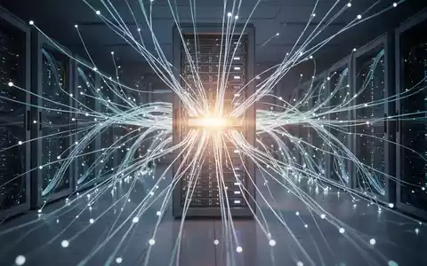 Nahaufnahme eines futuristischen Glasfasernetzwerks, das zu einem leuchtenden Datenserver-Rack führt. - Foto: über boerse-global.de