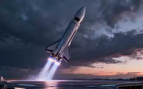 Eine elegante Rakete startet vor einem dramatischen, bewölkten Abendhimmel und symbolisiert die finanzielle Stärke von SpaceX. - Foto: über boerse-global.de