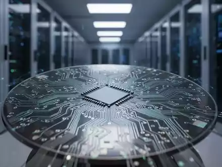 Nahaufnahme einer Halbleiterplatine mit komplexen Schaltungsmustern und einem verschwommenen Rechenzentrum im Hintergrund. - Foto: über boerse-global.de