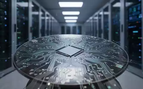 Nahaufnahme einer Halbleiterplatine mit komplexen Schaltungsmustern und einem verschwommenen Rechenzentrum im Hintergrund. - Foto: über boerse-global.de