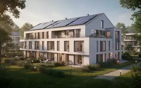 Ein modernes, energieeffizientes Wohngebäude mit Solarpaneelen und Grünflächen, das steuerliche Anreize und Förderprogramme symbolisiert. - Foto: über boerse-global.de