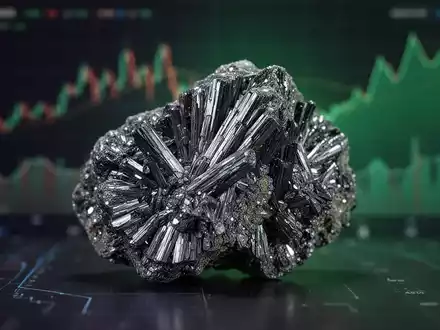 Nahaufnahme eines glänzenden Stibnit-Minerals mit unscharfem Hintergrund aus Finanzdiagrammen und einem grünen Leuchten. - Foto: über boerse-global.de