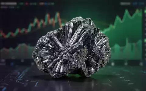 Nahaufnahme eines glänzenden Stibnit-Minerals mit unscharfem Hintergrund aus Finanzdiagrammen und einem grünen Leuchten. - Foto: über boerse-global.de