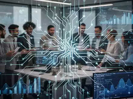 Eine stilisierte, leuchtende neuronale Netzwerkgrafik überlagert eine Gruppe von Fachleuten, die in einem modernen Büro zusammenarbeiten. - Foto: über boerse-global.de
