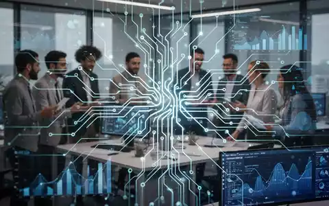 Eine stilisierte, leuchtende neuronale Netzwerkgrafik überlagert eine Gruppe von Fachleuten, die in einem modernen Büro zusammenarbeiten. - Foto: über boerse-global.de