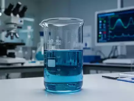 Ein klares Glasbecher mit blauer Flüssigkeit in einem modernen Labor, im Hintergrund unscharfe wissenschaftliche Geräte. - Foto: über boerse-global.de