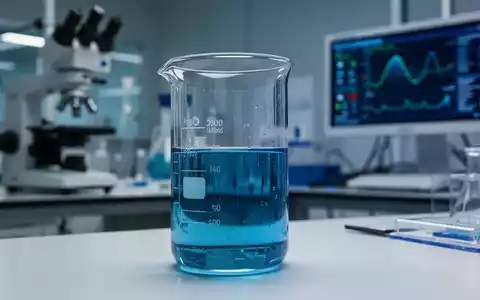 Ein klares Glasbecher mit blauer Flüssigkeit in einem modernen Labor, im Hintergrund unscharfe wissenschaftliche Geräte. - Foto: über boerse-global.de