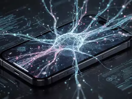 A futuristic iPhone display showing abstract data streams and AI neural network connections, representing advanced iOS features. - Foto: über boerse-global.de
